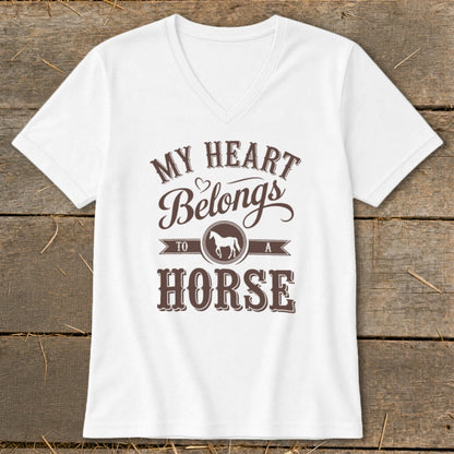 White v-neck t-shirt with brown text reading "My Heart Belongs to a Horse" and a horse silhouette.