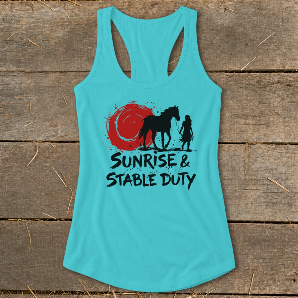 Turquoise tank top with silhouette of horse and rider, red sun, and text "Sunrise & Stable Duty".