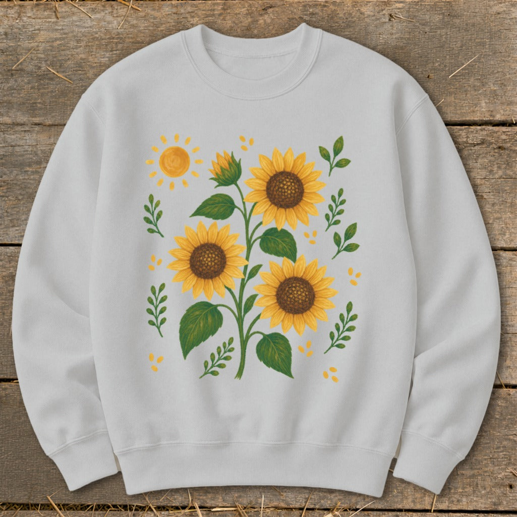 Light grey sweatshirt with a watercolor-style sunflower and sun graphic.