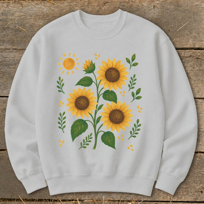 Light grey sweatshirt with a watercolor-style sunflower and sun graphic.