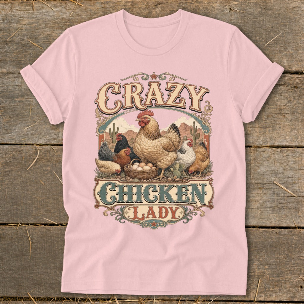 Pink t-shirt with "Crazy Chicken Lady" text and chickens with basket of eggs.