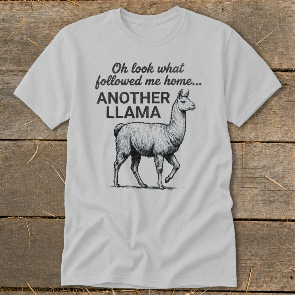 Light gray t-shirt with "Oh look what followed me home... ANOTHER LLAMA" and a llama illustration.