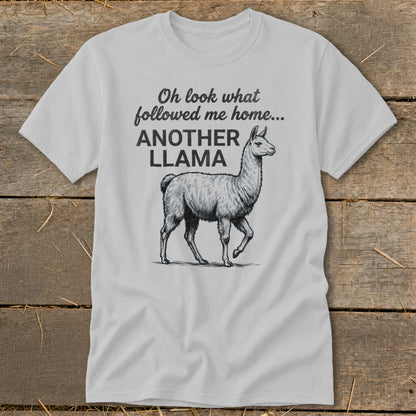 Light gray t-shirt with "Oh look what followed me home... ANOTHER LLAMA" and a llama illustration.