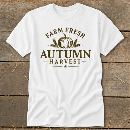 White t-shirt with "Farm Fresh Autumn Harvest" text and a pumpkin graphic.