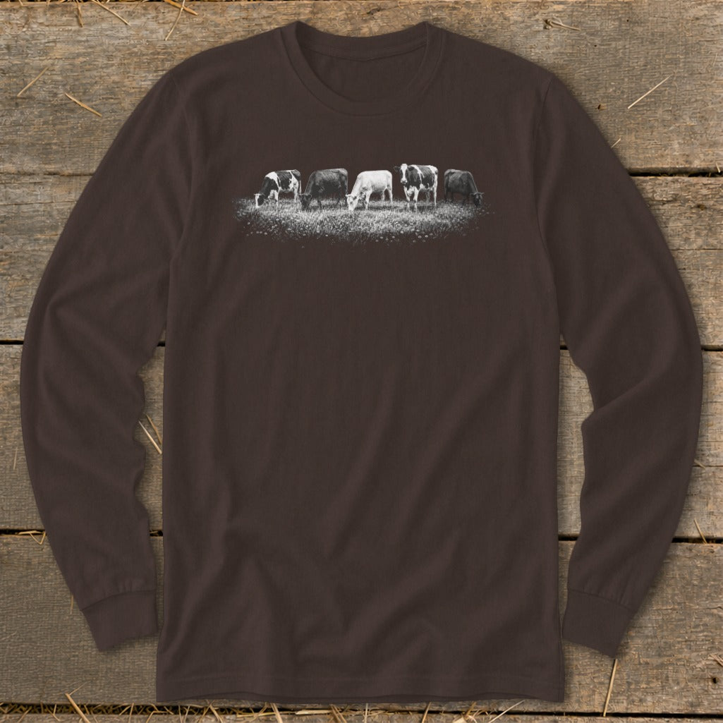 Brown long-sleeve shirt with a line of cows grazing in a field graphic.
