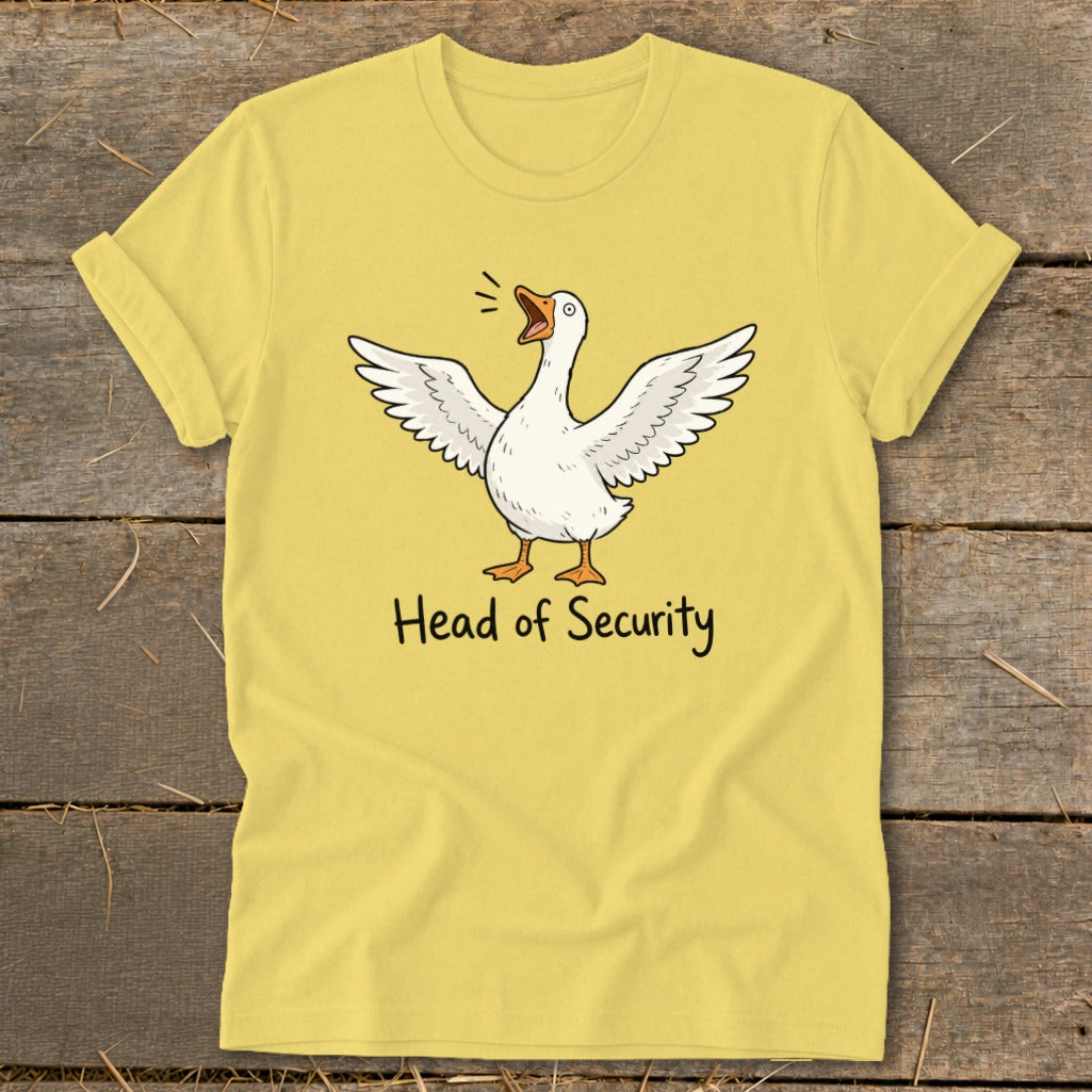 Yellow t-shirt with cartoon goose and text "Head of Security".