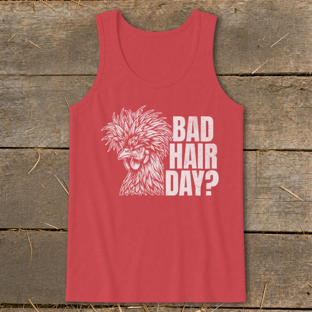 Red tank top with white graphic of a chicken and text "BAD HAIR DAY?".