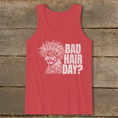 Red tank top with white graphic of a chicken and text "BAD HAIR DAY?".