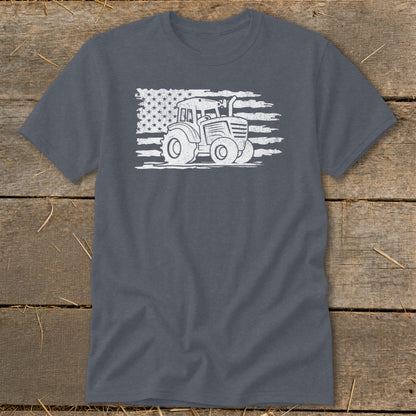 Tractor graphic with distressed American flag design on a charcoal t-shirt.