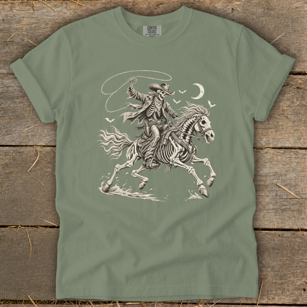 Skeleton cowboy riding a skeleton horse, lassoing under a crescent moon.