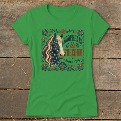 Green t-shirt with horse head design and text: "Hoofbeats & Freedom Since 1776".