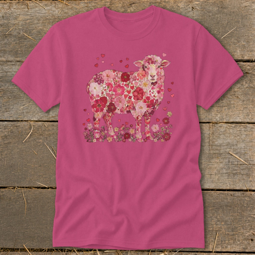 Pink t-shirt with a sheep graphic made of pink and red flowers and hearts.