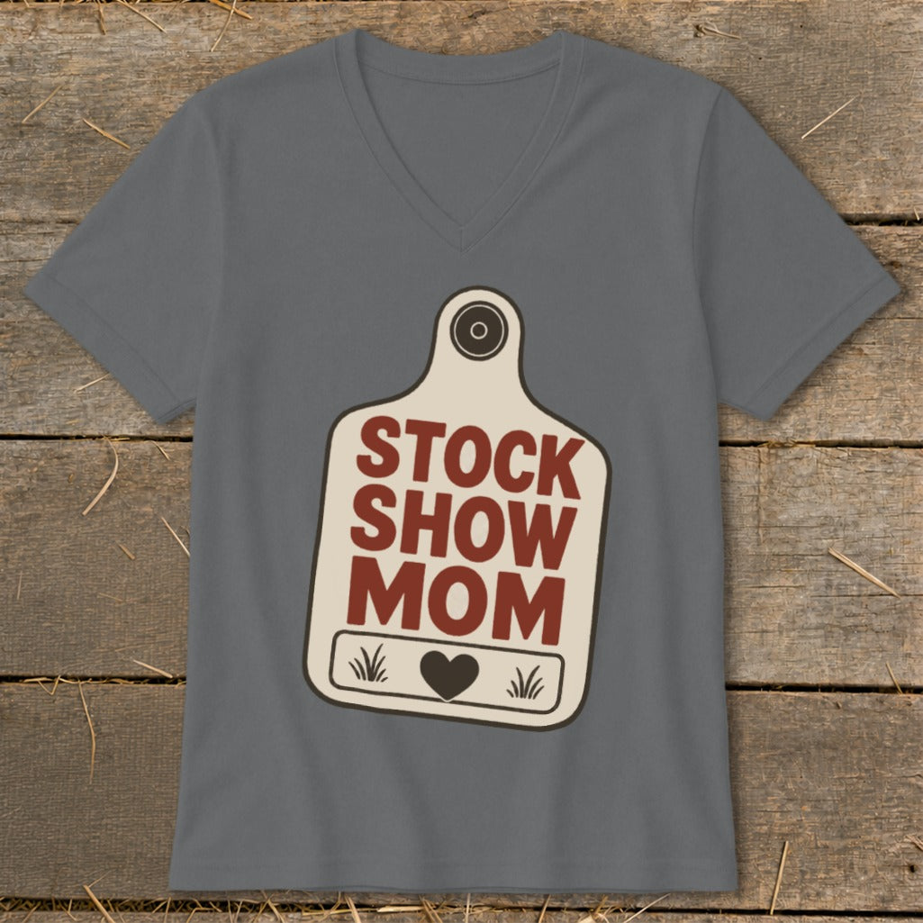 Gray v-neck t-shirt with a cream-colored tag graphic reading "STOCK SHOW MOM".