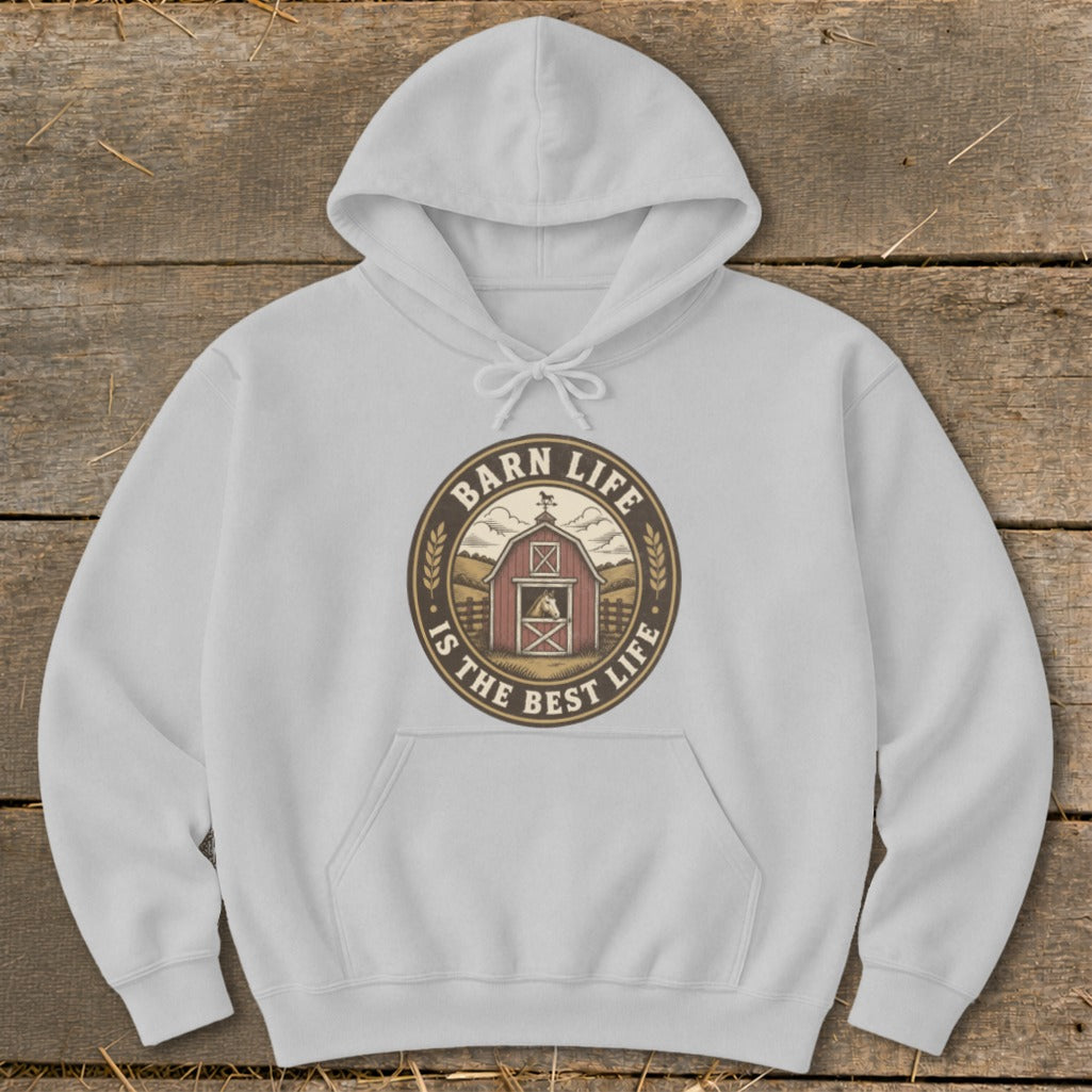 White hoodie with circular "Barn Life Is The Best Life" graphic featuring a barn and horse.