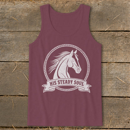 Maroon tank top with white distressed horse head inside a rope circle and "HIS STEADY SOUL" banner.