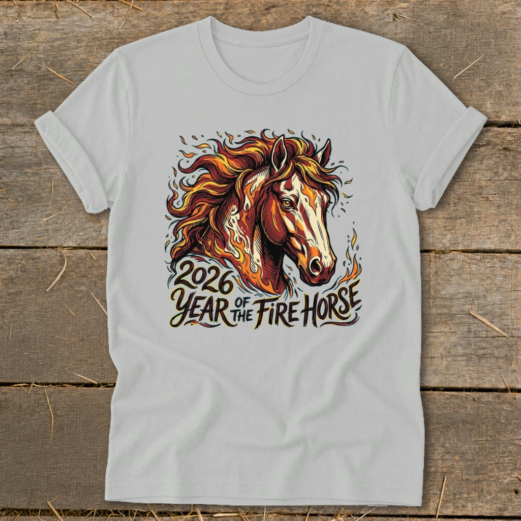 Light gray t-shirt with fiery horse design and text "2026 Year of the Fire Horse."
