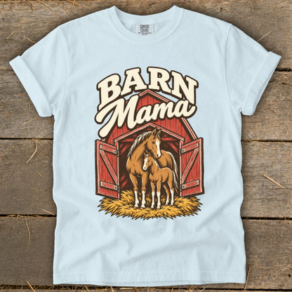 Light blue t-shirt with "Barn Mama" text above a barn with a horse and foal.