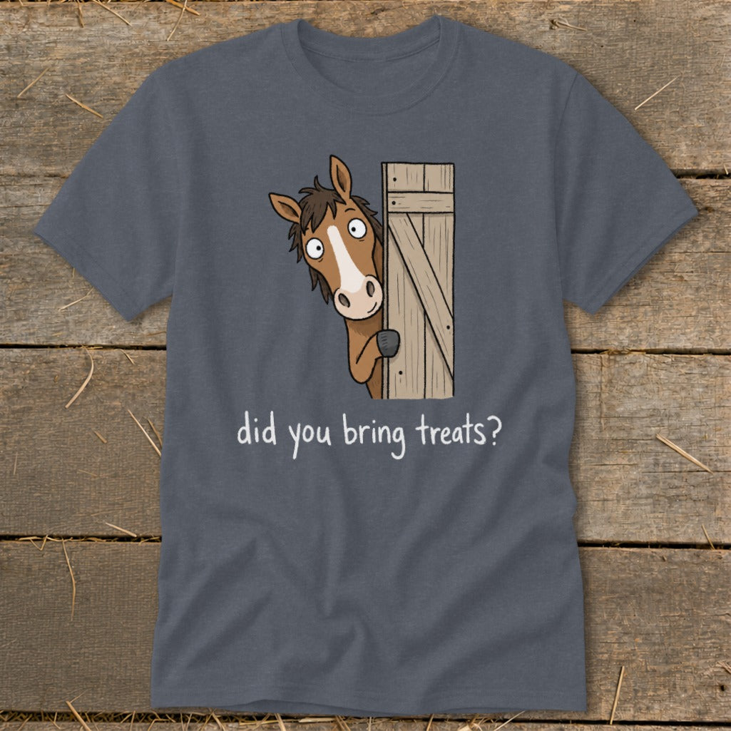 Cartoon horse peeking around a barn door asking "Did you bring treats?"