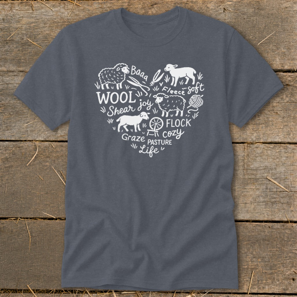 Gray t-shirt with white heart design featuring sheep, wool, and farming text.