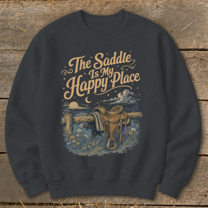 Dark grey sweatshirt with "The Saddle Is My Happy Place" graphic featuring a saddle and sunset.