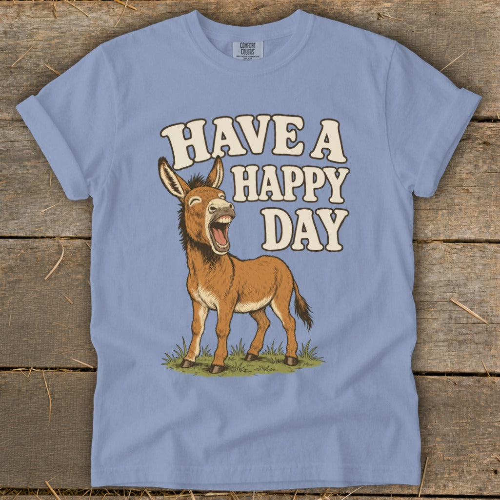 Blue t-shirt with a laughing donkey graphic and text "HAVE A HAPPY DAY".