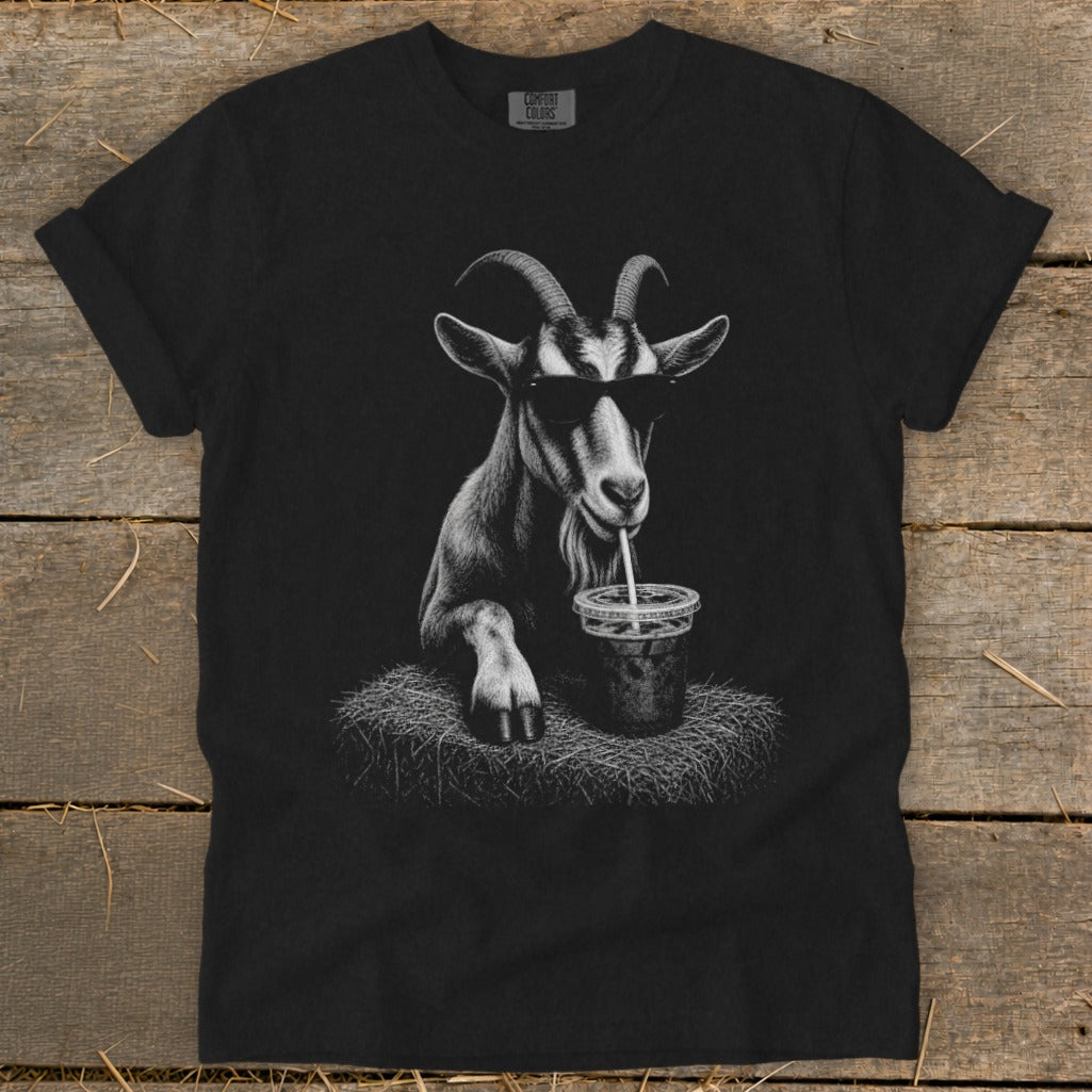 Black t-shirt with a graphic of a goat wearing sunglasses and drinking from a cup.