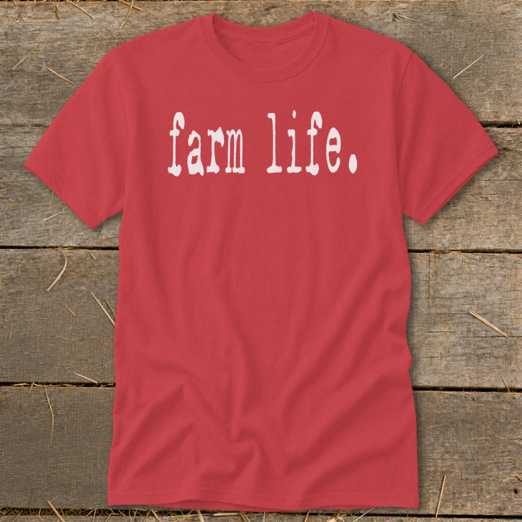 Red t-shirt with white text reading "farm life."