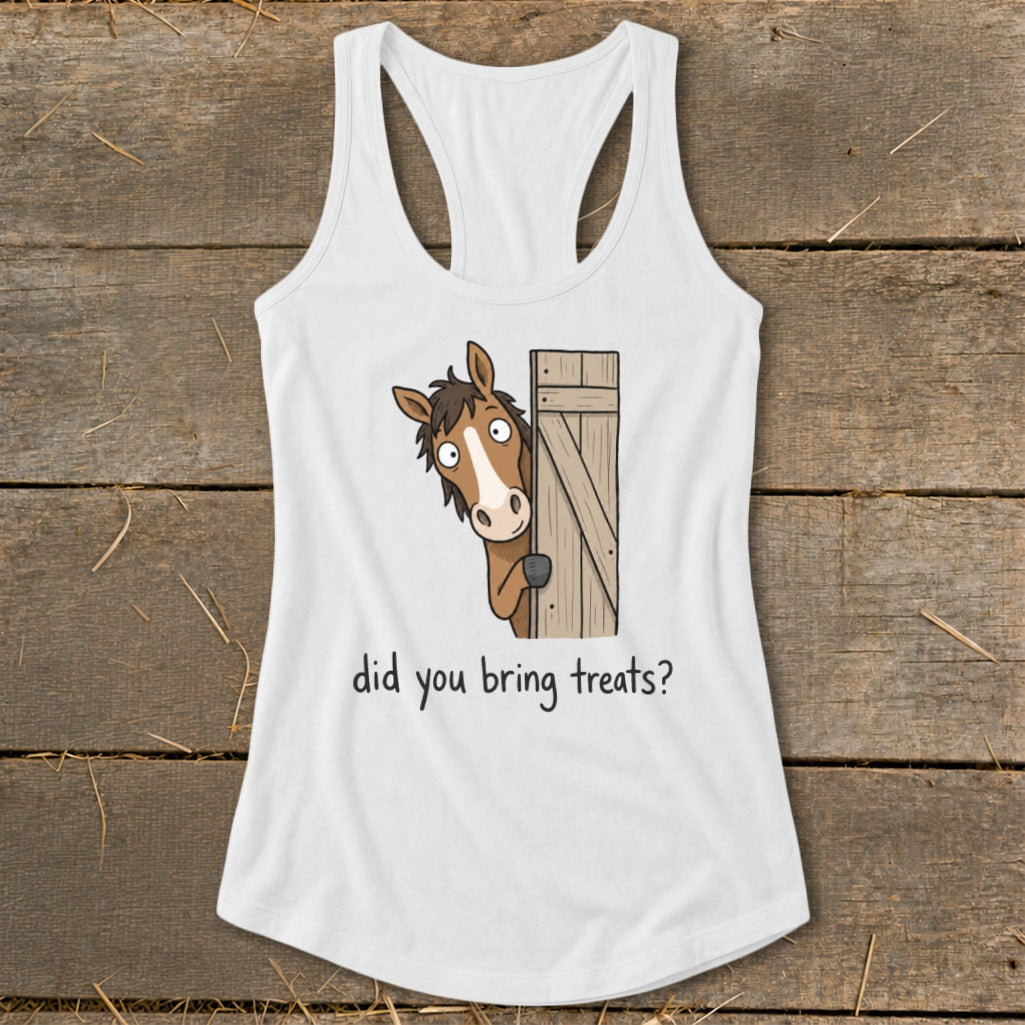 White tank top with a cartoon horse peeking behind a wooden fence and text "did you bring treats?".