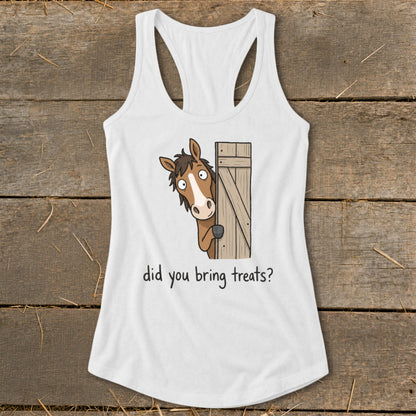 White tank top with a cartoon horse peeking behind a wooden fence and text "did you bring treats?".
