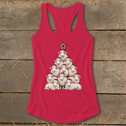 Red tank top with a Christmas tree made of sheep wearing Santa hats.