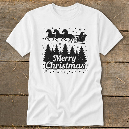 White t-shirt with black Merry Christmas text and Santa in a sleigh pulled by horses.