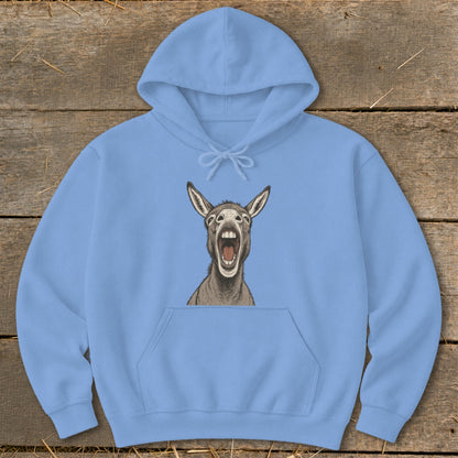 Light blue hoodie with a cartoon donkey with mouth wide open.