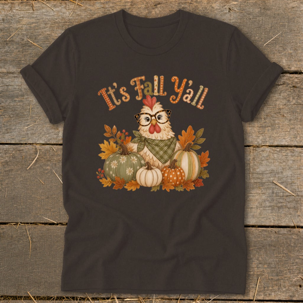 Chicken with glasses and bandana surrounded by pumpkins and fall leaves, text "It's Fall Y'all".