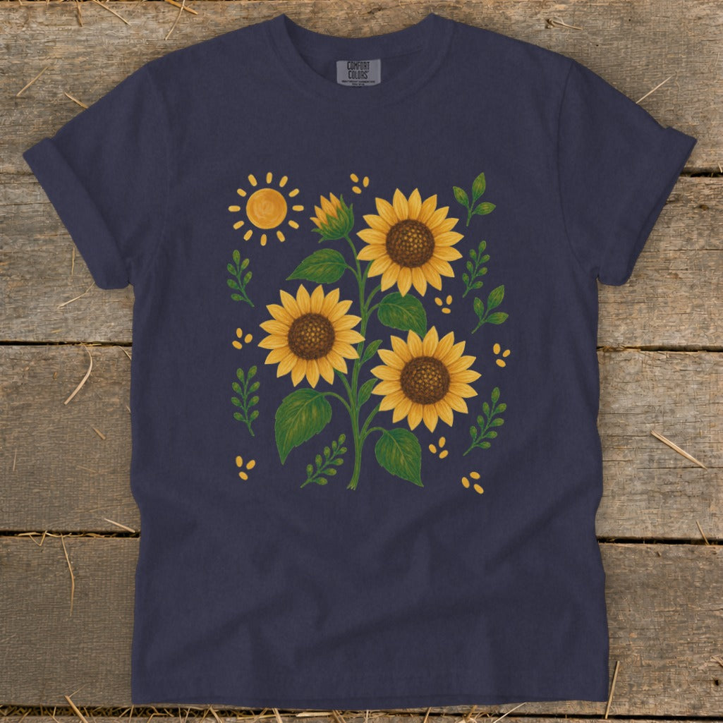 Dark blue t-shirt with a watercolor-style sunflower and sun design.