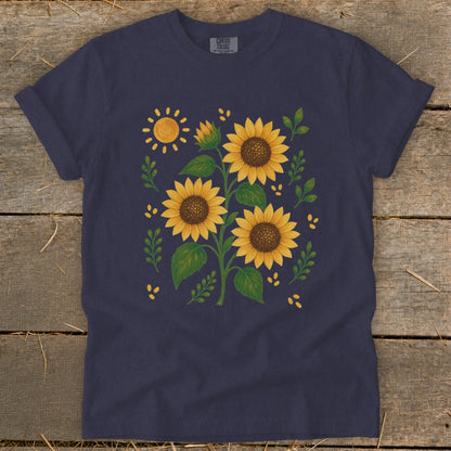 Dark blue t-shirt with a watercolor-style sunflower and sun design.