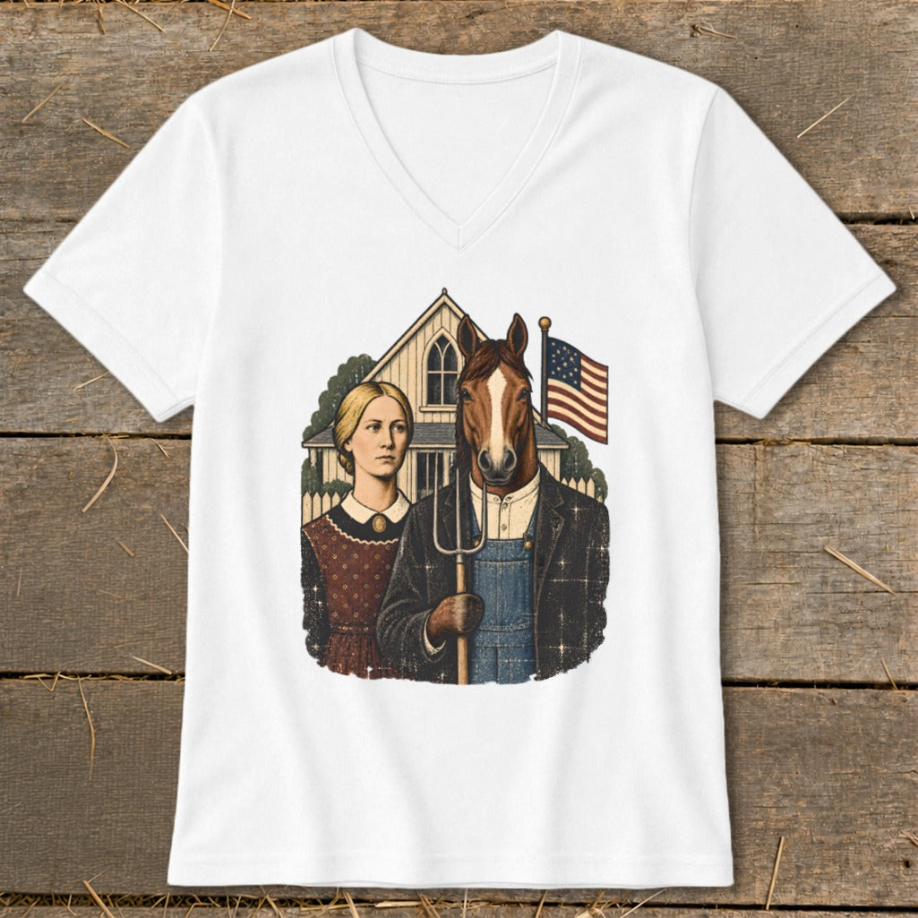 A white V-neck t-shirt featuring a satirical twist on American Gothic with a horse holding a pitchfork.