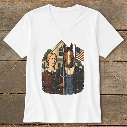 A white V-neck t-shirt featuring a satirical twist on American Gothic with a horse holding a pitchfork.