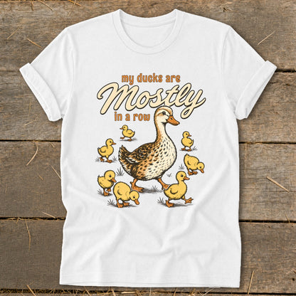 White t-shirt with illustration of a mother duck and ducklings, with text "my ducks are Mostly in a row".