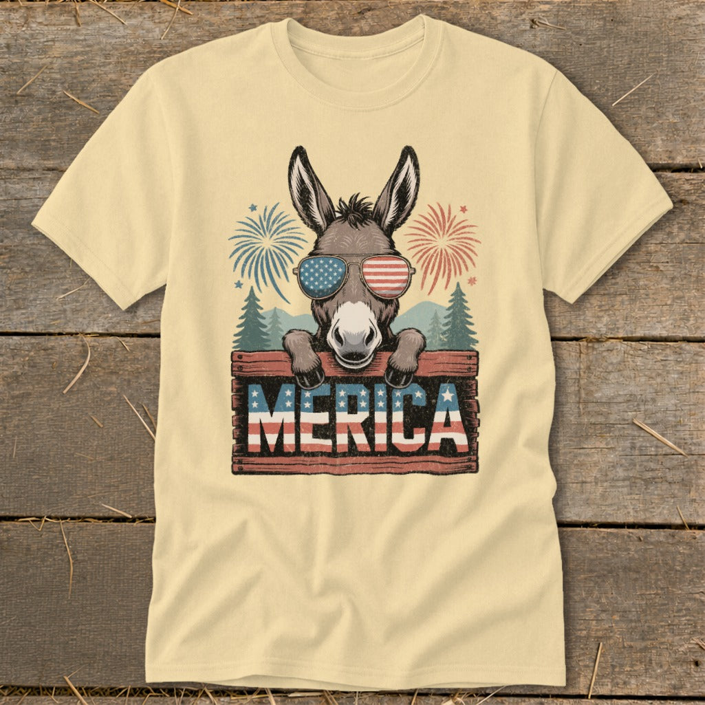 Donkey wearing sunglasses with flag motif holds sign with "MERICA" text.