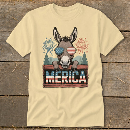 Donkey wearing sunglasses with flag motif holds sign with "MERICA" text.
