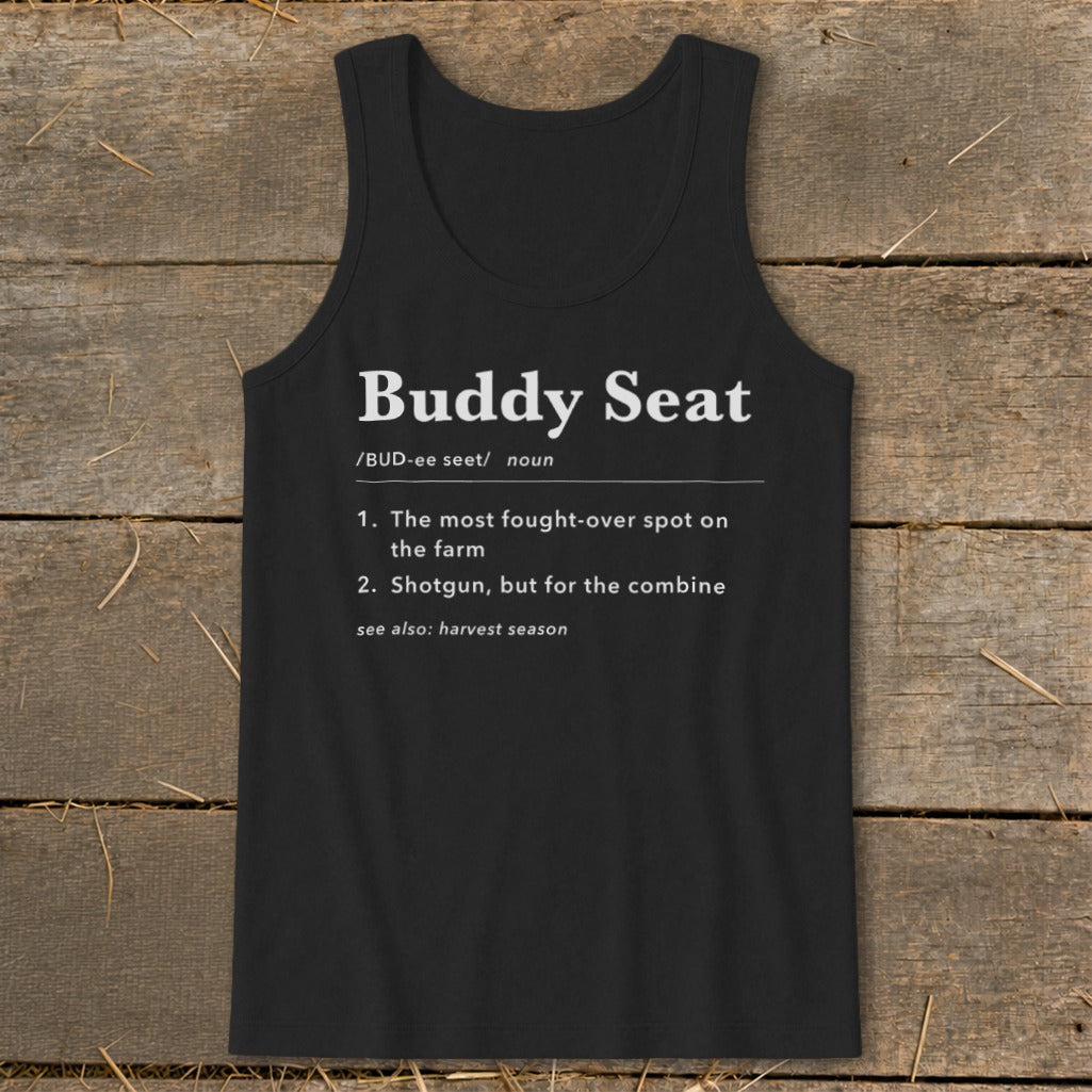 Black tank top with "Buddy Seat" definition printed in white.