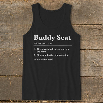 Black tank top with "Buddy Seat" definition printed in white.