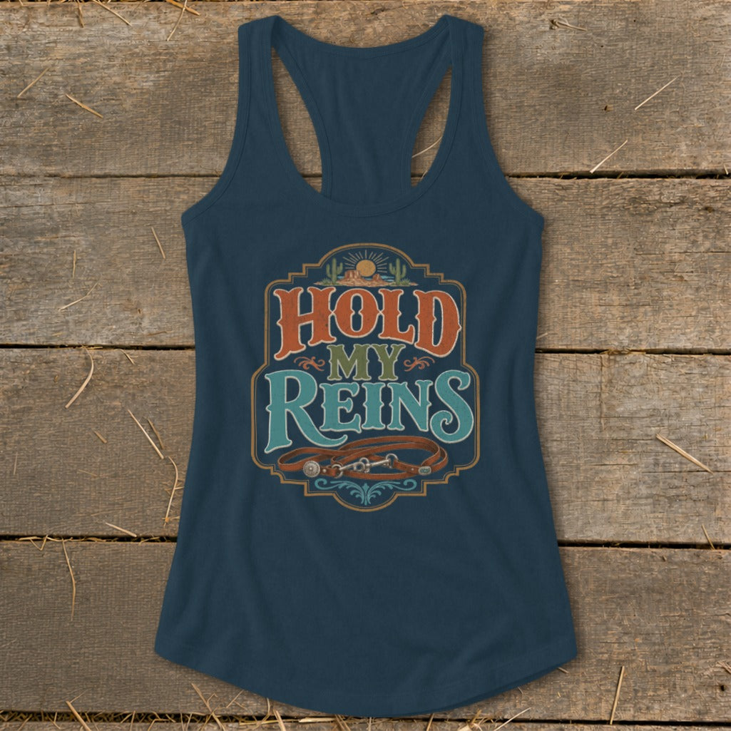 Navy tank top with "Hold My Reins" graphic featuring a leather horse bridle.