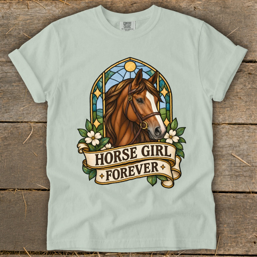 Light blue t-shirt with a horse head and banner reading "Horse Girl Forever".