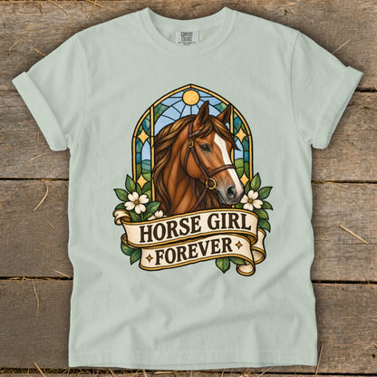 Light blue t-shirt with a horse head and banner reading "Horse Girl Forever".