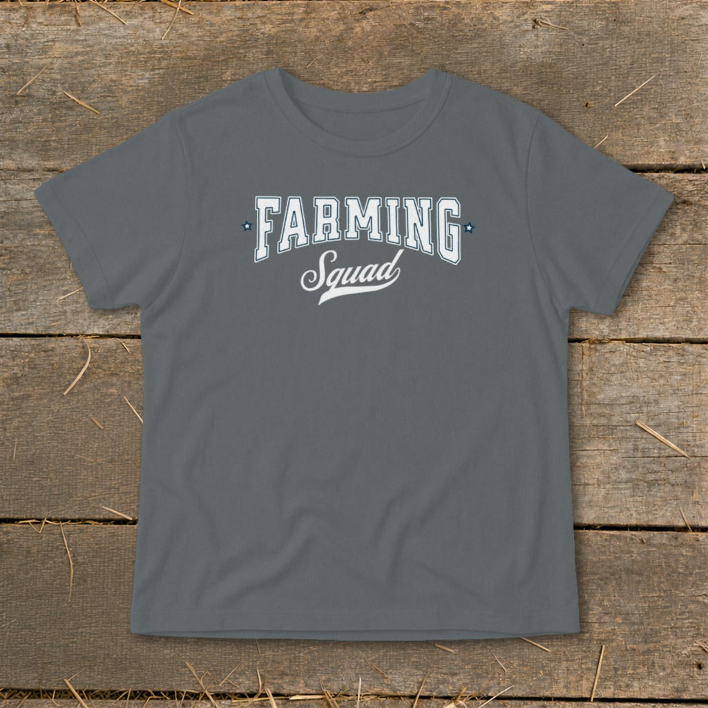 Grey t-shirt with "Farming Squad" text in white and blue lettering.