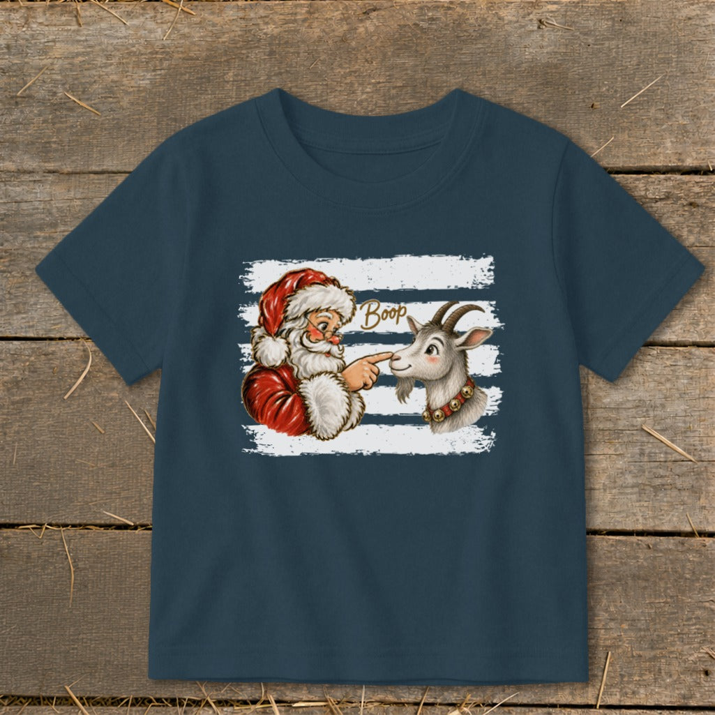 Santa booping a goat with the word "Boop" on a navy t-shirt.