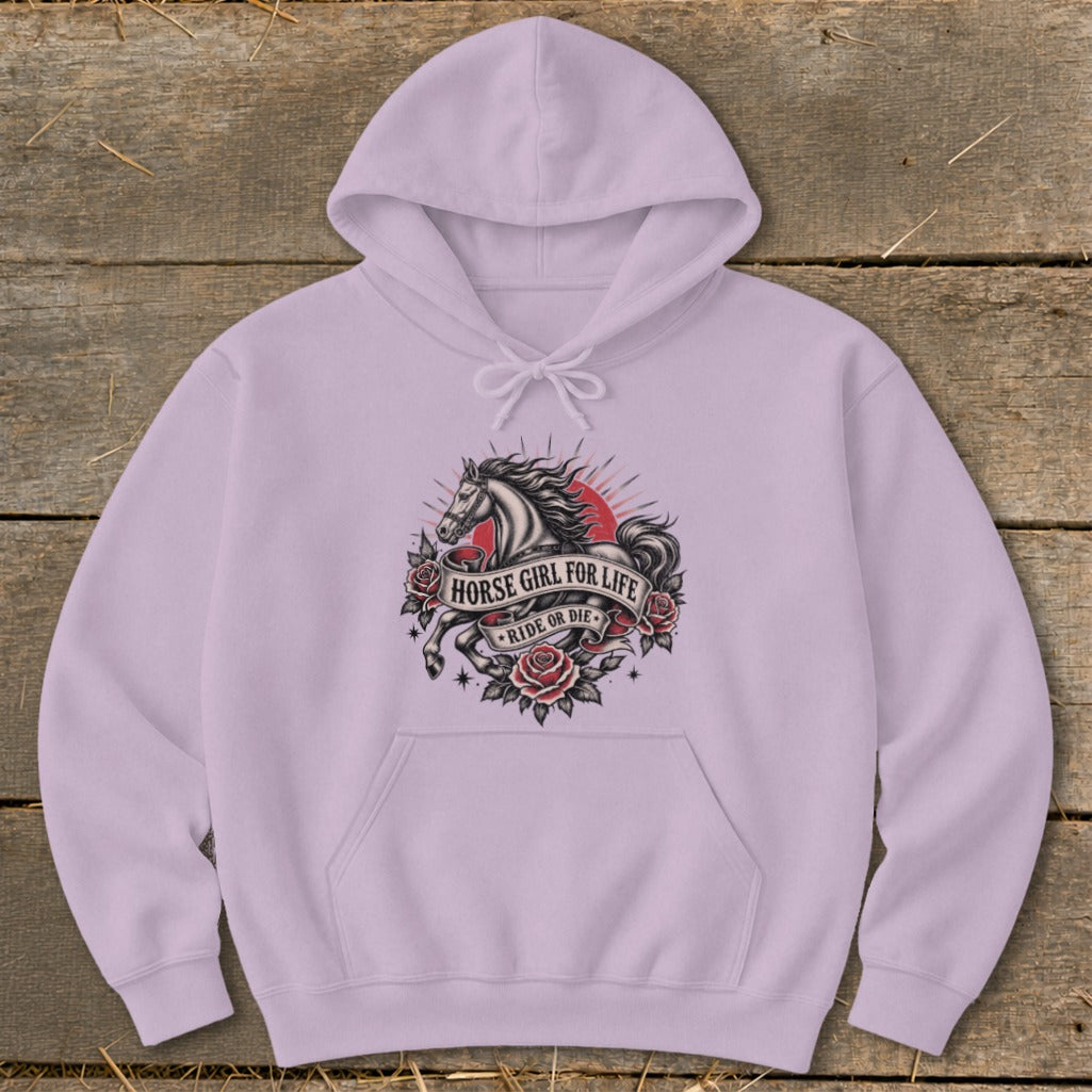 Purple hoodie with a "Horse Girl for Life Ride or Die" graphic and a horse.