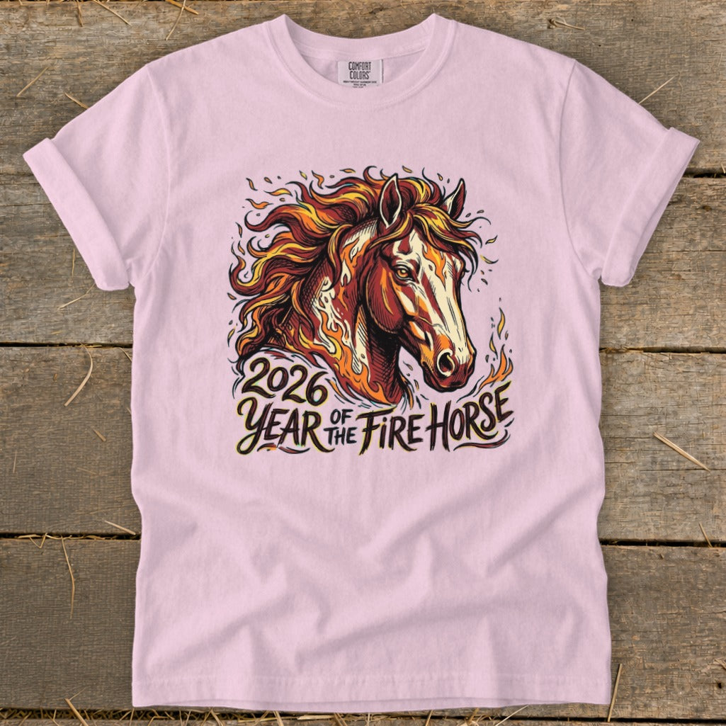 Pink t-shirt featuring a fiery horse head graphic and "2026 Year of the Fire Horse" text.