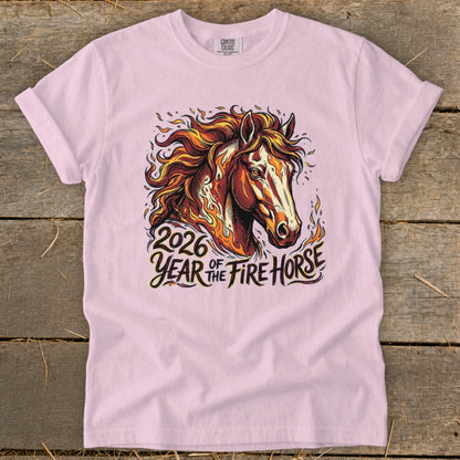 Pink t-shirt featuring a fiery horse head graphic and "2026 Year of the Fire Horse" text.